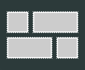 Set of blank postege stamps isolated on grey background. Mail stamps in different sizes in flat style.
