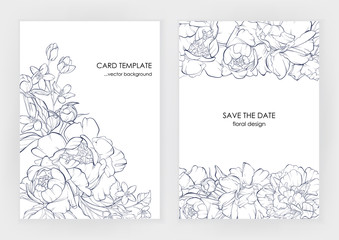 Botanical wedding invitation card template design, climbing rose line art ink drawing on white