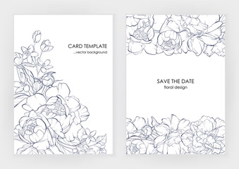 Botanical wedding invitation card template design, climbing rose line art ink drawing on white © j_bunina