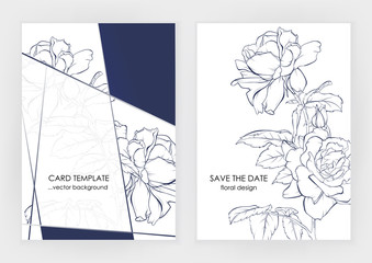 Minimalist wedding invitation card template design, floral dark blue line art ink drawing with square frame with beautiful rose.