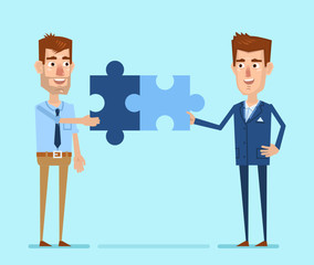 Two businessman joins two pieces of puzzle together. Successful cooperation, teamwork concept. Simple vector illustration