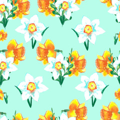 Beautiful spring floral background with bright colorful daffodils. Hand painted watercolor illustration.