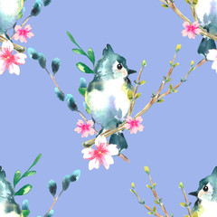 Beautiful hand painted spring background with cute birds and pink sakura blossom. Watercolor illustration. Seamless pattern.
