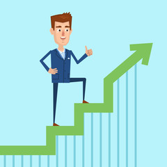 Cheerful businessman stands on growth diagram and shows thumb up gesture. Success, growth concept. Simple vector illustration