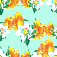 Beautiful spring floral background with bright colorful daffodils. Hand painted watercolor illustration.