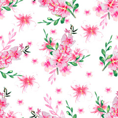 Beautiful spring floral background with delicate pink cherry blossom. Hand painted watercolor illustration.