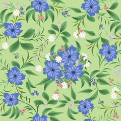 Seamless pattern with blue flowers, daisies, forget-me-nots. Elegant blue, white, pink flowers and branches with leaves.