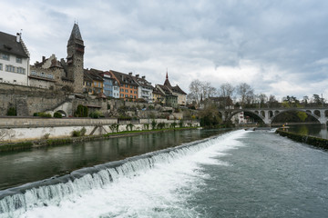 view of the old historic town of Bremgarten and the river Reuss