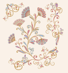 Abstract vintage pattern with decorative flowers, leaves and Paisley pattern in Oriental style.