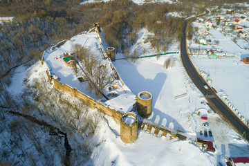 Koporskaya fortress on a sunny February day (aerial photography). Leningrad region, Russia