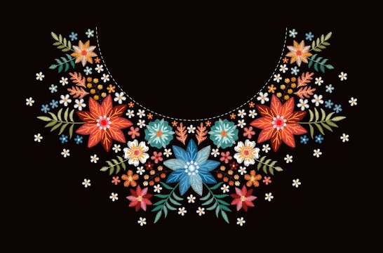 Embroidery pattern with beautiful colorful flowers for neckline. Floral design for fashion blouses and t-shirts. Ethnic embroidered ornament.