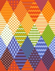 Colorful seamless patchwork pattern from rhombuses. Rainbow design. Print for fabric, textile, rug.