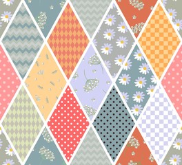 Patchwork seamless pattern from different rhombus patches with geometric and floral ornament. Quilt design in vintage style.