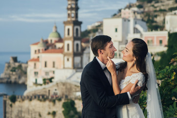 Young wedding couple having fun Time  in Italy.