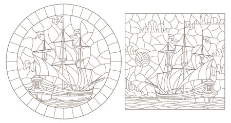 A set of contour illustrations of stained glass Windows with old sailing ships, dark contours on a white background