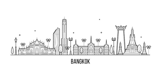 Bangkok skyline Thailand city vector linear style - obrazy, fototapety, plakaty