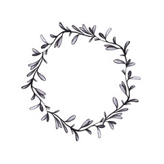 Round floral frame drawn in pencil. Floral wreath with leaves for wedding and holiday. Decorative elements for design. White backgraund.