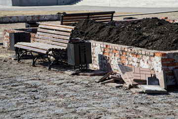 Old paving slabs, dismantled from the tracks of the city square during repair. Reconstruction