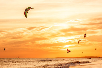 extreme group of professional kiters slide waves, jumps air on black sea with sail wing in hands led wind an sunset, onlookers photographers seagull on shore. village of annunciation. backlit, toned