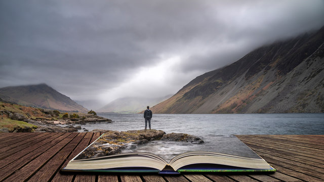 Stunning long exposure landscape image of Wast Water in UK Lake District coming out of pages in story book