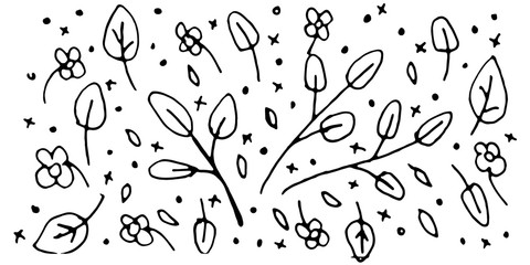Vector black and white leaf Leaves pattern. Simple monochrome floral print. Leaf cute on white background. Hand drawn foliage print