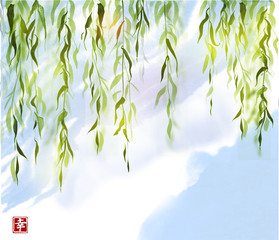 Green willow tree on blue sky background. Traditional Japanese ink wash painting sumi-e. Sign - eternity. - obrazy, fototapety, plakaty