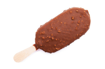 Ice cream with crunchy caramel pieces isolated on white background