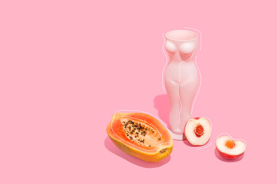 Conceptual Female Body and Fruits Still Life on Bright Background with Copy Space