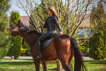Spring - summer season, concept of hobby, Woman with a horse on a nature, relationship human and...