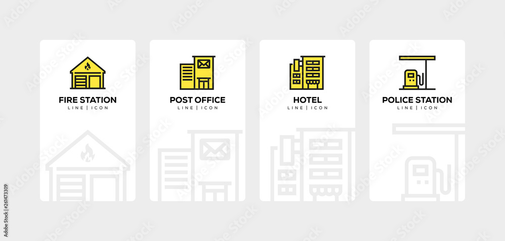 Poster buildings line icon set