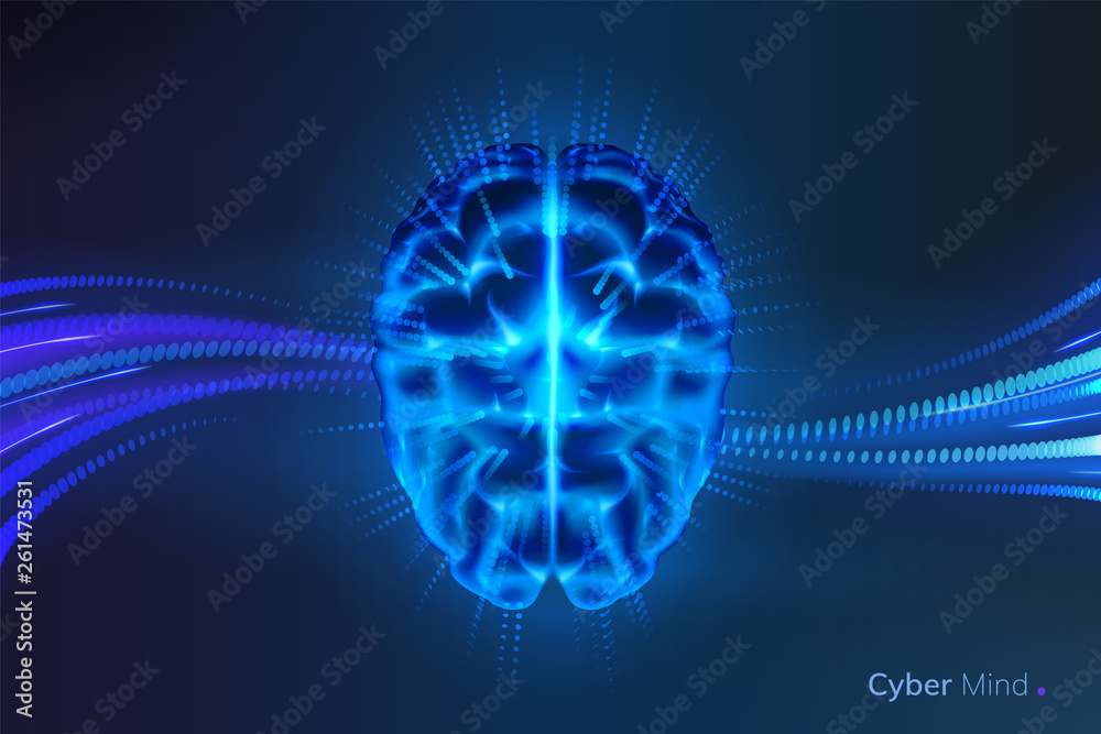 Aufkleber Glowing cyber mind or shining artificial intelligence brain. Neural network or machine learning background. Futuristic AI thinking. Cyberbrain and cyberspace, human and robot. Science theme