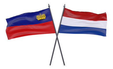 Liechtenstein and Netherlands, two crossed flags isolated on white background. 3d image