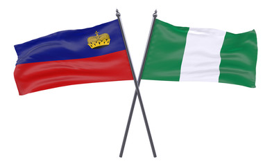 Liechtenstein and Nigeria, two crossed flags isolated on white background. 3d image