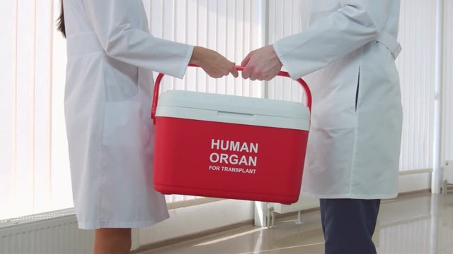 Medical courier delivers human organ for transplant and gives organ trafficking container to the doctor.