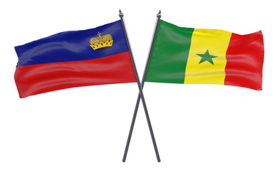 Liechtenstein and Senegal, two crossed flags isolated on white background. 3d image