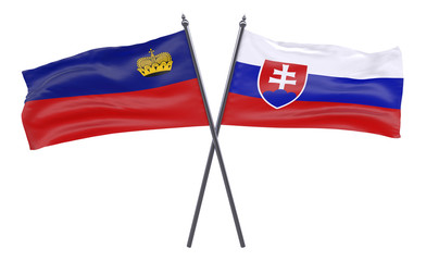 Liechtenstein and Slovakia, two crossed flags isolated on white background. 3d image