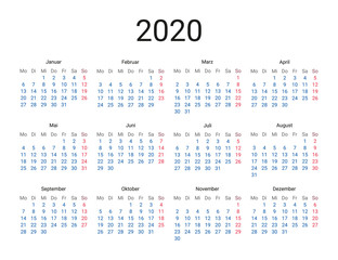 2020 year German calendar in German language. Classical, minimalistic, simple design. White background. Vector Illustration. Week starts from monday.