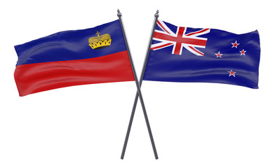 Liechtenstein and New Zealand, two crossed flags isolated on white background. 3d image