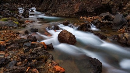 A long exposure of a river next to the first campground of the Laugavegur hiking trail in Iceland.