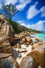 Fototapeta na wymiar A lot of granite rocks on a coast on the seychelles 37