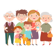 Vector family: father, mother, three children, grandmother and grandfather.