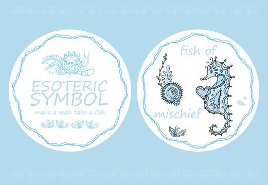 Cute esoteric symbol. Magic fish of mischief.  Sweet post card or round element  with inscription legend “make a wish take a fish”