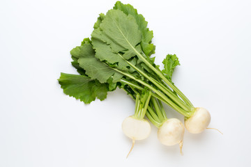 Fresh white round turnip radish on white background.