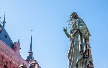 Famous statue of astronomer a (Mikolaj Kopernik) in Torun. Poland