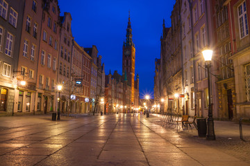 Architecture of the Long Lane in Gdansk at night.