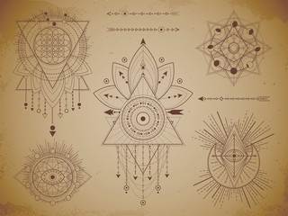 Vector set of Sacred geometric symbols and figures on old paper grunge background. Abstract mystic signs collection.