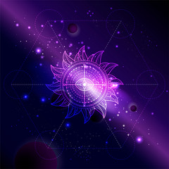 Vector illustration of Sacred symbol Sun against the space background with galaxy and stars.