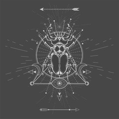 Vector illustration with hand drawn Stag Beetle and Sacred symbol on black background. Abstract mystic sign.