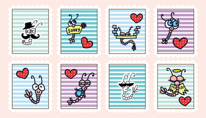 Cheerful cute stamp with funny shrimp symbols and elements of decoration. Set of beautiful marine  rubber stamps, label, sticker. Cartoon doodle style. Templates for gift box, scrapbook, design