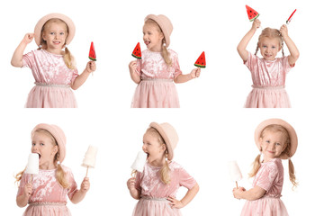 Collage of cute little girl with cotton candy and lollypops on white background